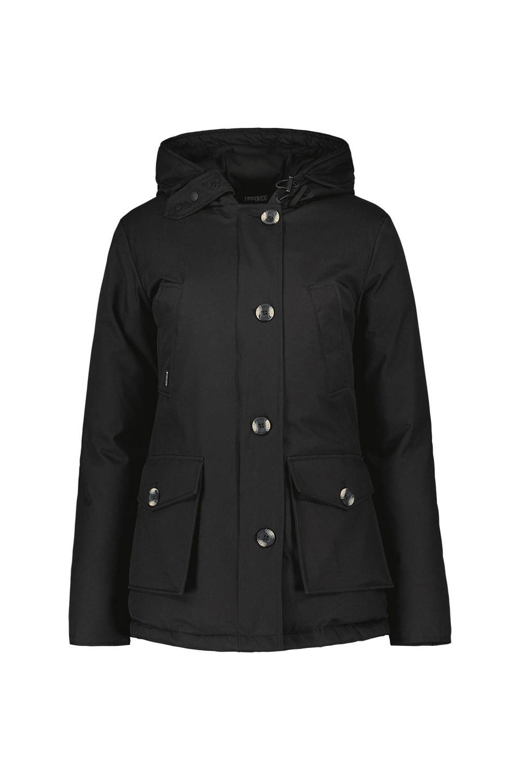 Zwarte dames Airforce gewatteerde winterjas van polyester met effen, lange mouwen, capuchon en rits- en knoopsluiting