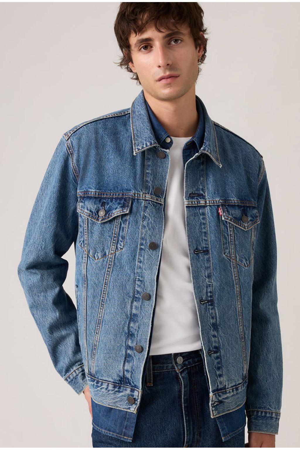 Blauwe heren Levi's spijkerjas van denim met effen, lange mouwen, klassieke kraag en knoopsluiting