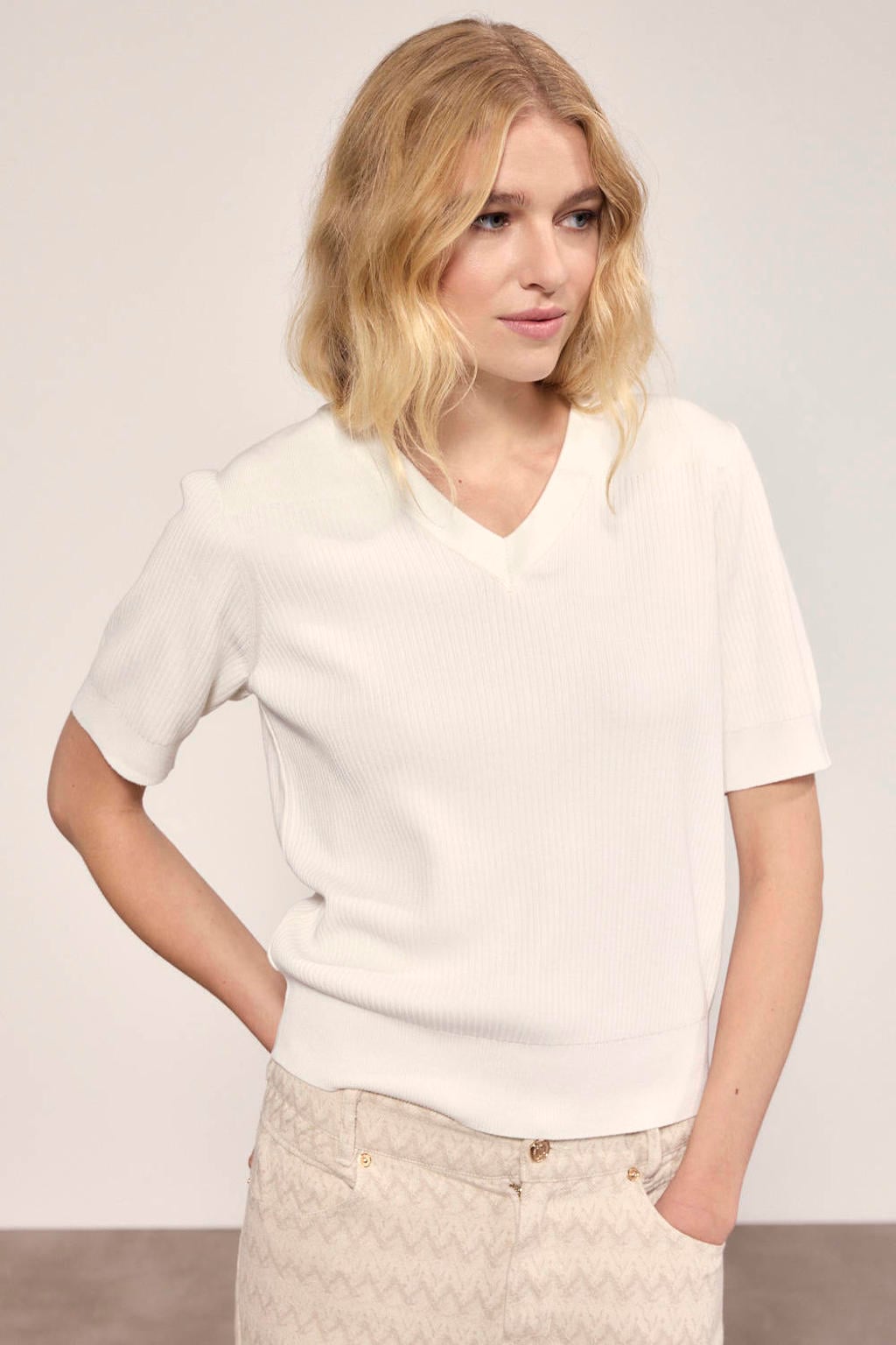 Witte dames Tramontana T-shirt van polyester met effen, korte mouwen en ronde hals