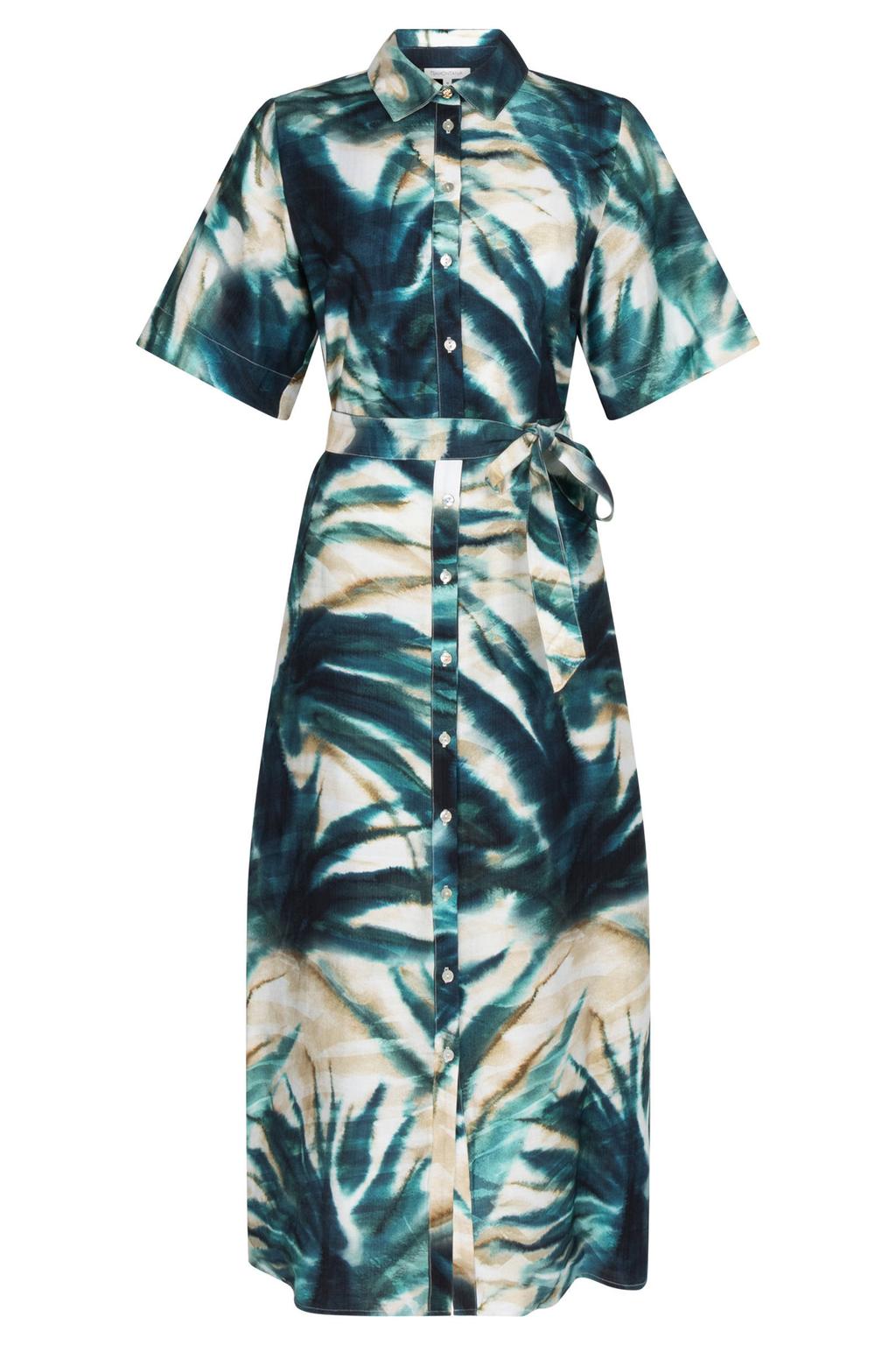 Donkergroen, groen en blauwe dames Tramontana blousejurk van viscose met korte mouwen en klassieke kraag