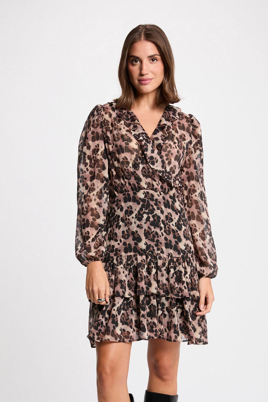 Bruin en zwarte dames Morgan korte jurk van polyester met dierenprint, lange mouwen, overslagkraag, ritssluiting en glitters