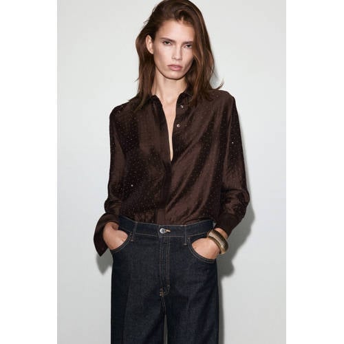 Mango blouse donkerbruin met pailletten afbeelding