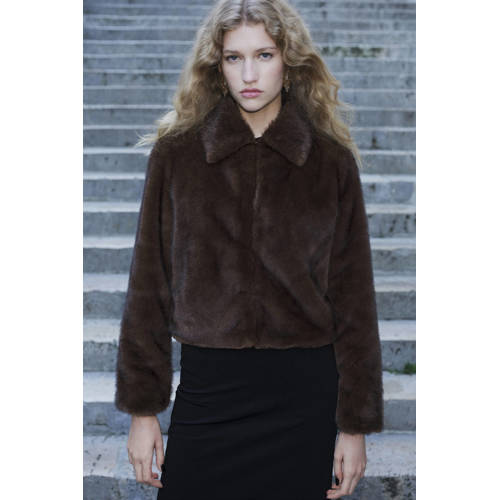 Mango faux fur jas bruin afbeelding