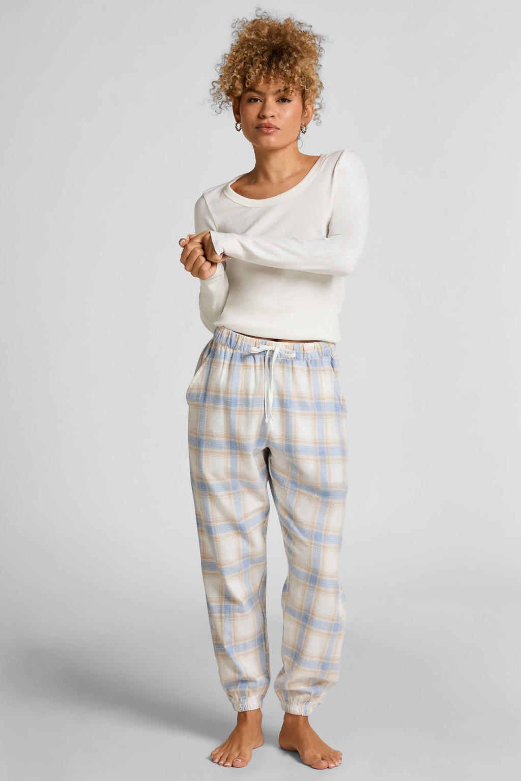 Hunkemöller flanellen pyjamabroek wit/lichtblauw