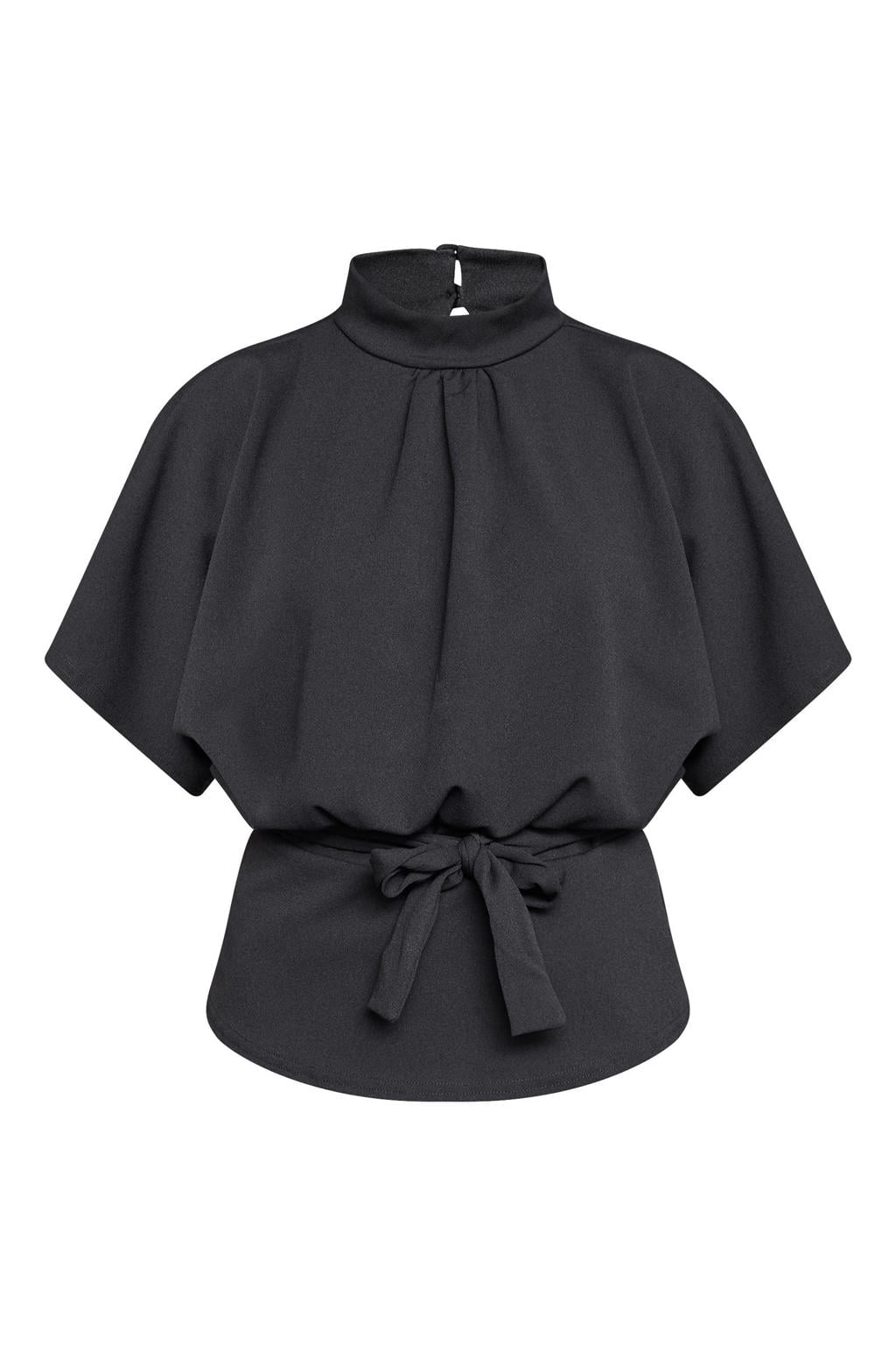 Zwarte dames SisterS Point blousetop van polyester met effen, korte mouwen, opstaande kraag, striksluiting en ceintuur