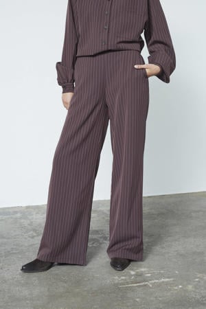 wide leg regular waist pantalon met krijtstreep bruin