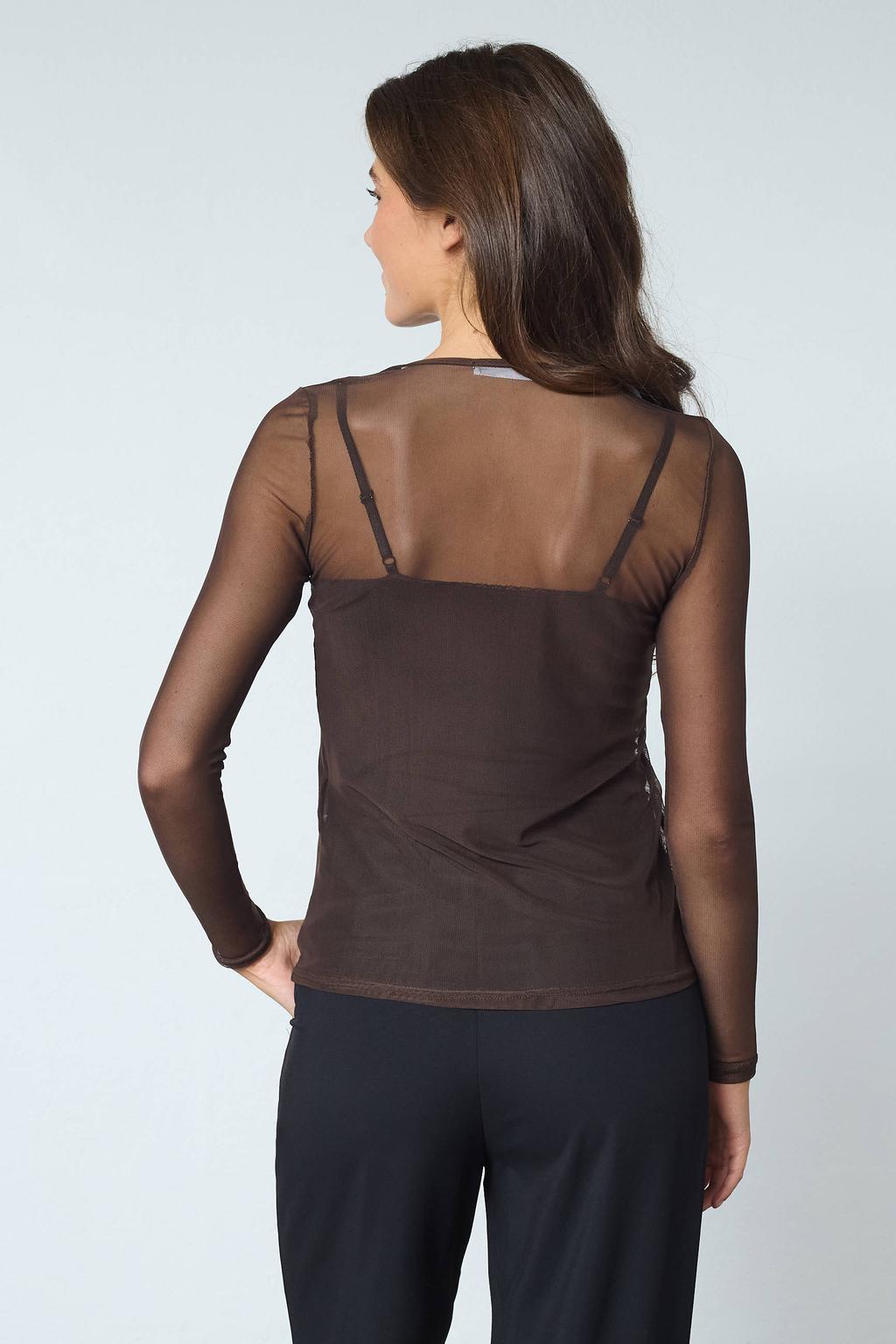 Bruine dames SisterS Point top van polyester met effen, lange mouwen, ronde hals en mesh