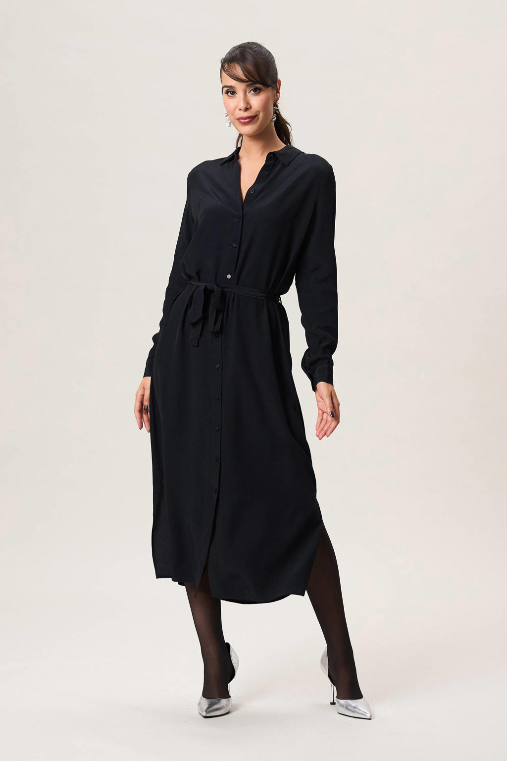 Zwarte dames Miss Etam blousejurk van viscose met effen, lange mouwen, klassieke kraag en knoopsluiting