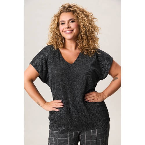 Miss Etam Plus glitter top zwart met lurex afbeelding