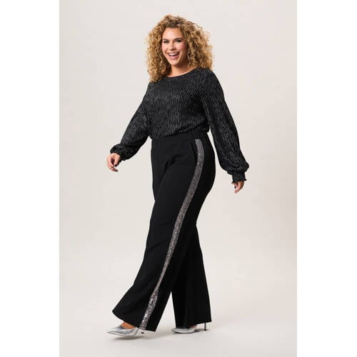 Miss Etam Plus straight regular waist broek zwart met glitter afbeelding