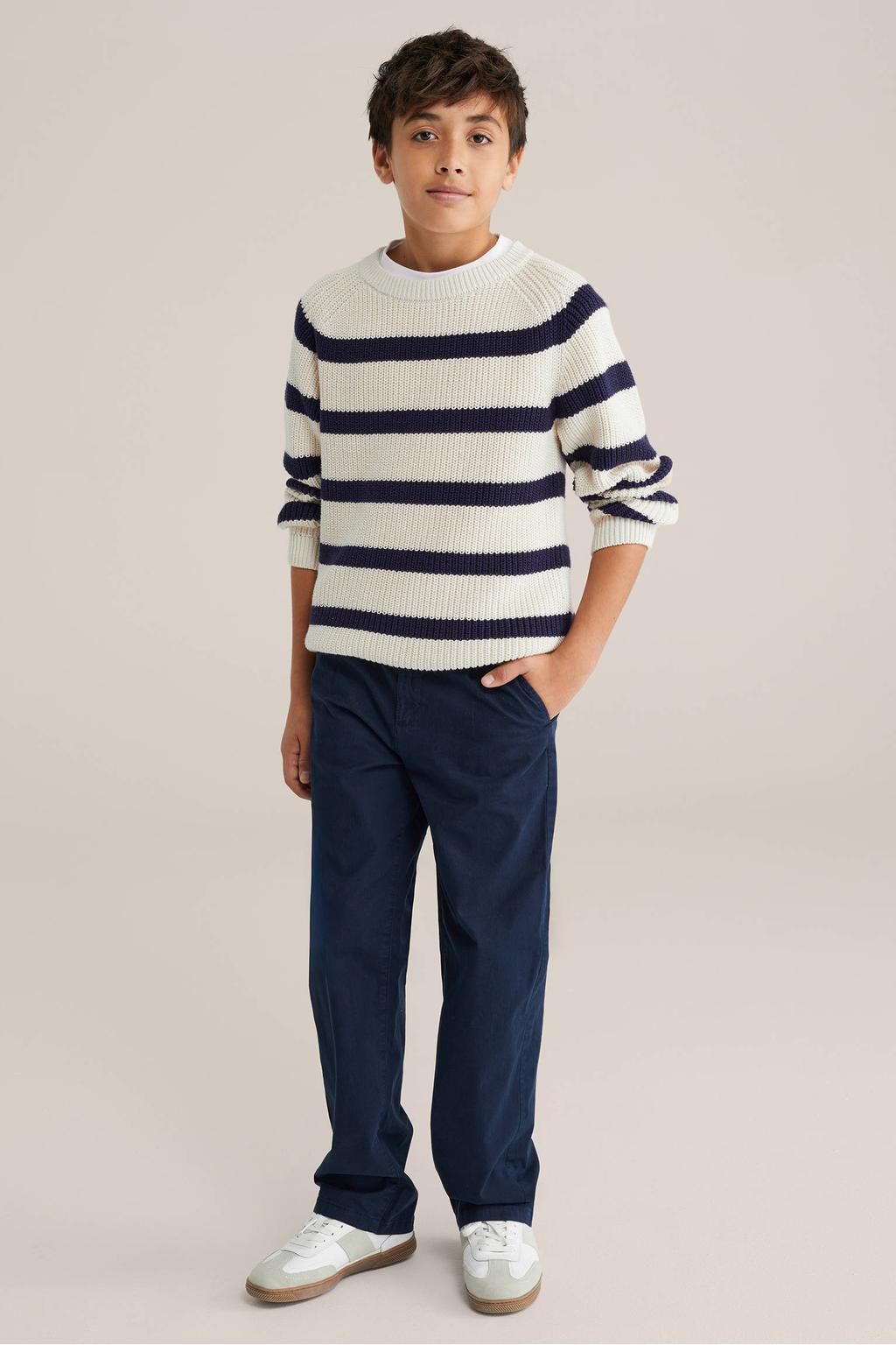 Donkerblauwe jongens WE Fashion Blue Ridge casual broek van stretchkatoen met rits- en knoopsluiting en effen