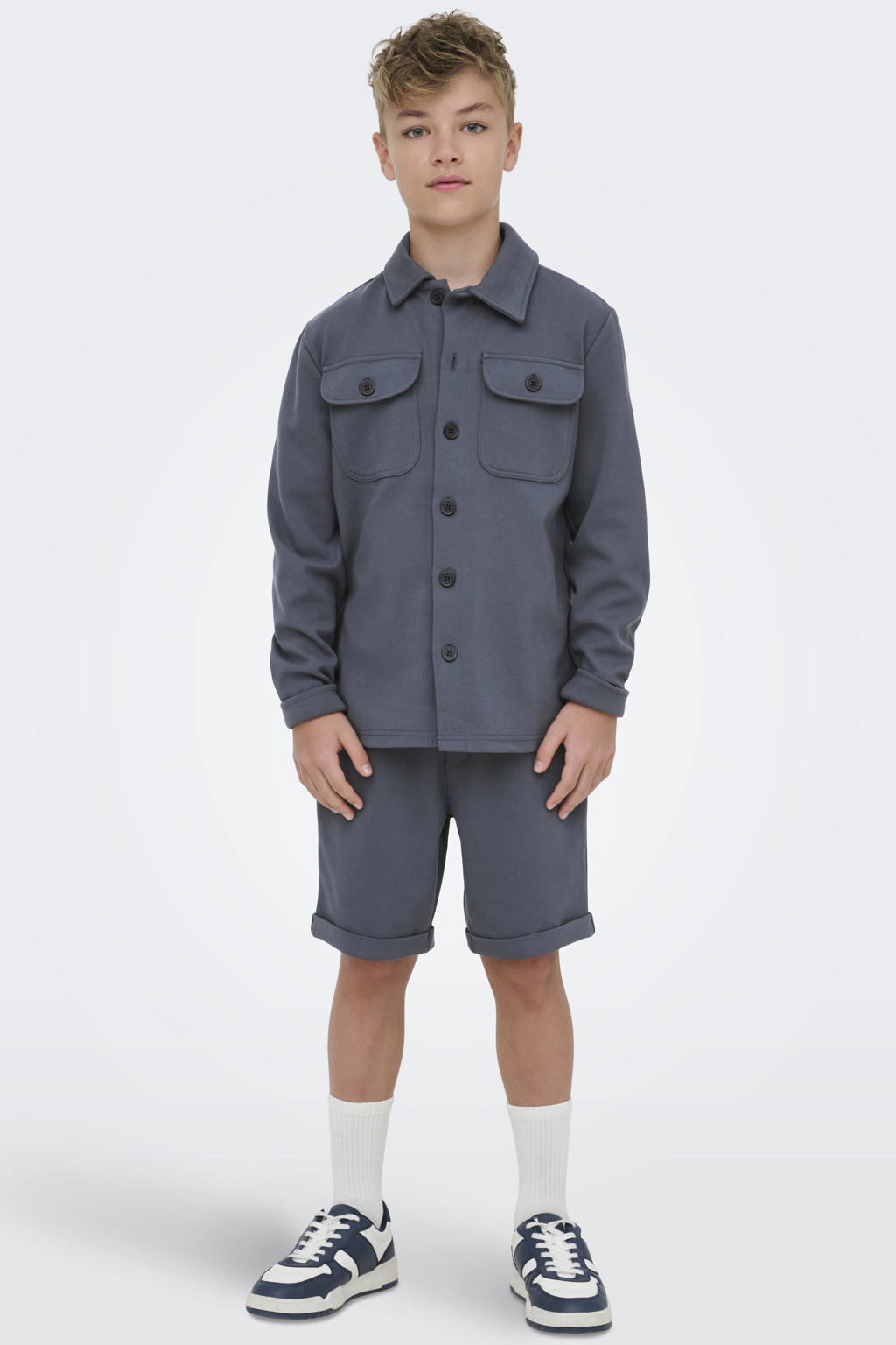 Grijsblauwe jongens ONLY & SONS JUNIOR overshirt blauw van polyester met effen, lange mouwen, klassieke kraag en knoopsluiting