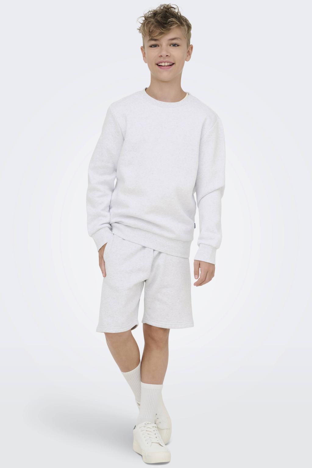 Lichtgrijze jongens ONLY & SONS JUNIOR sweater super melange van katoen met effen, lange mouwen, ronde hals en geribde boorden