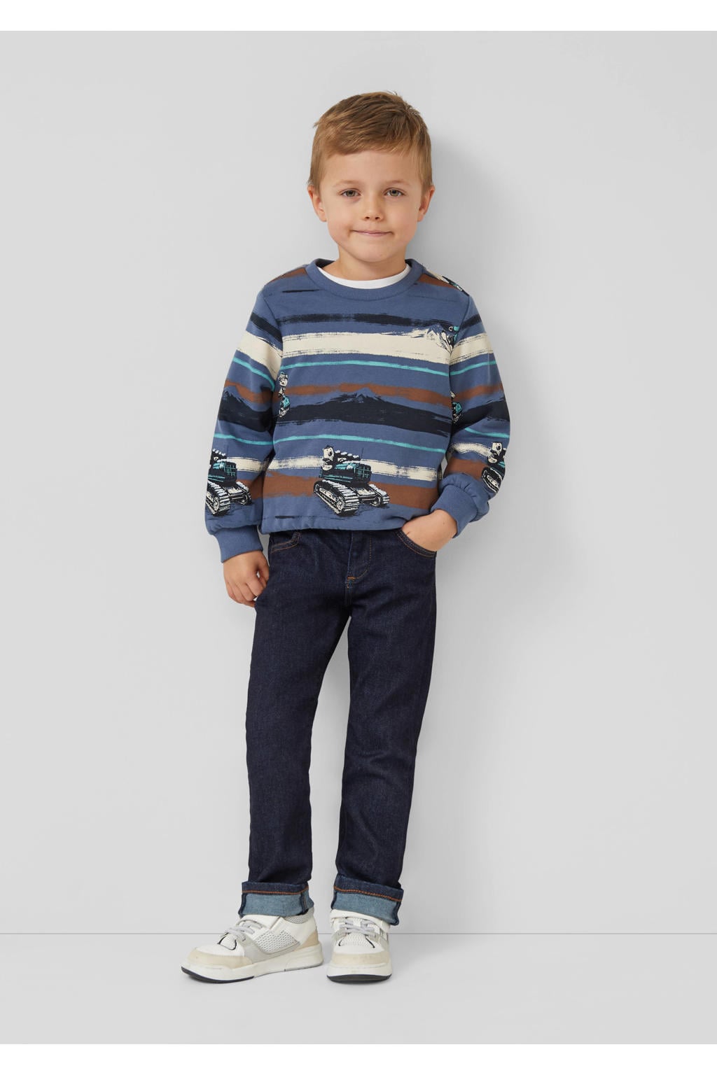 Blauwe jongens s.Oliver sweater met lange mouwen, ronde hals en geribde boorden