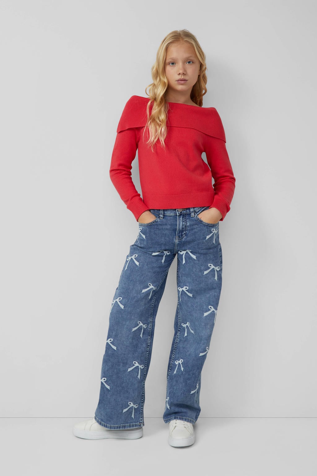 Medium blue denim meisjes s.Oliver wide leg wide leg jeans van stretchdenim met knoopsluiting