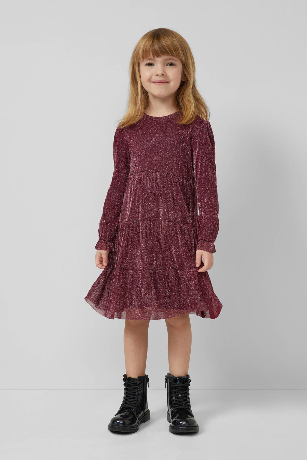Paarse meisjes s.Oliver midi jurk met effen, lange mouwen, ronde hals, knoopsluiting en elastische boord