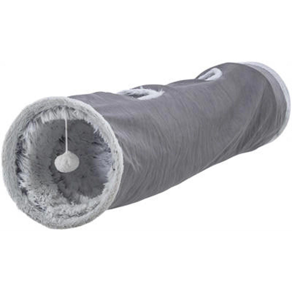 Trixie katten speeltunnel harvey velours / pluche grijs (116x27 cm)