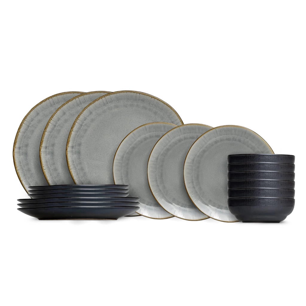 Cookinglife Serviesset Nola Warm Grey 18-delig / 6 personen - 6 dinerborden, 6 ontbijtborden en 6 kommen