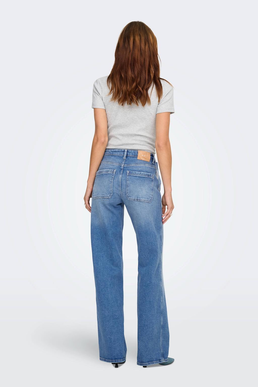 Medium blue denim dames ONLY high waist wide leg jeans van denim met rits- en knoopsluiting en effen