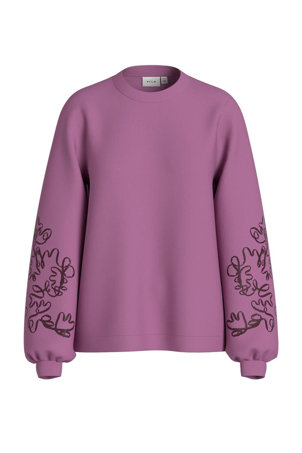 Lilakleurige dames VILA sweater van polyester met printopdruk, lange mouwen, ronde hals en borduursels