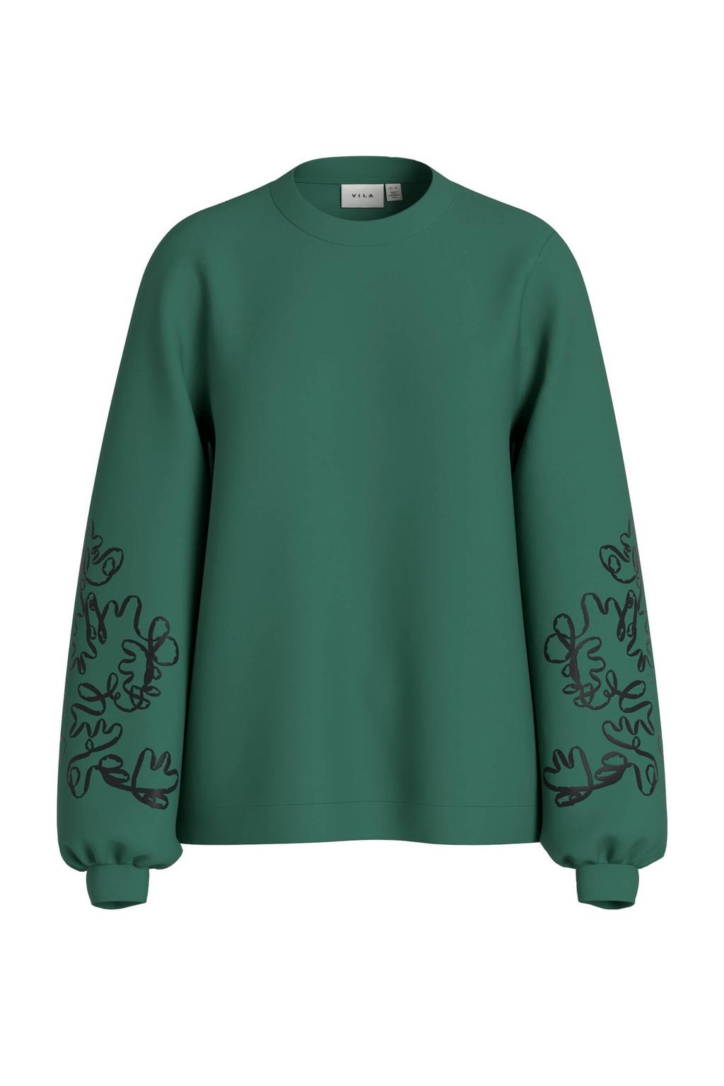 Groene dames VILA sweater van polyester met printopdruk, lange mouwen, ronde hals en borduursels