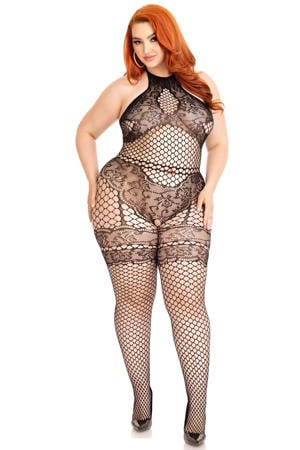 +size fishnet bodysuit met open kruis zwart