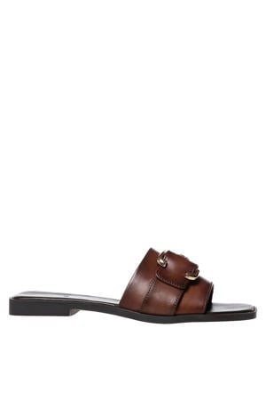 Kiss leren slippers met siergesp donkerbruin