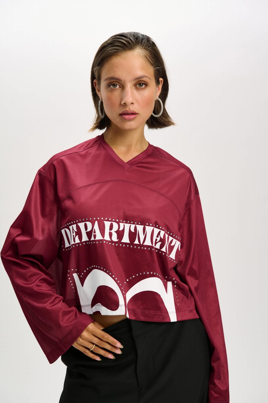 Donkerrode dames Refined Department X Vedder & Vedder T-shirt van polyester met tekst print, lange mouwen en ronde hals
