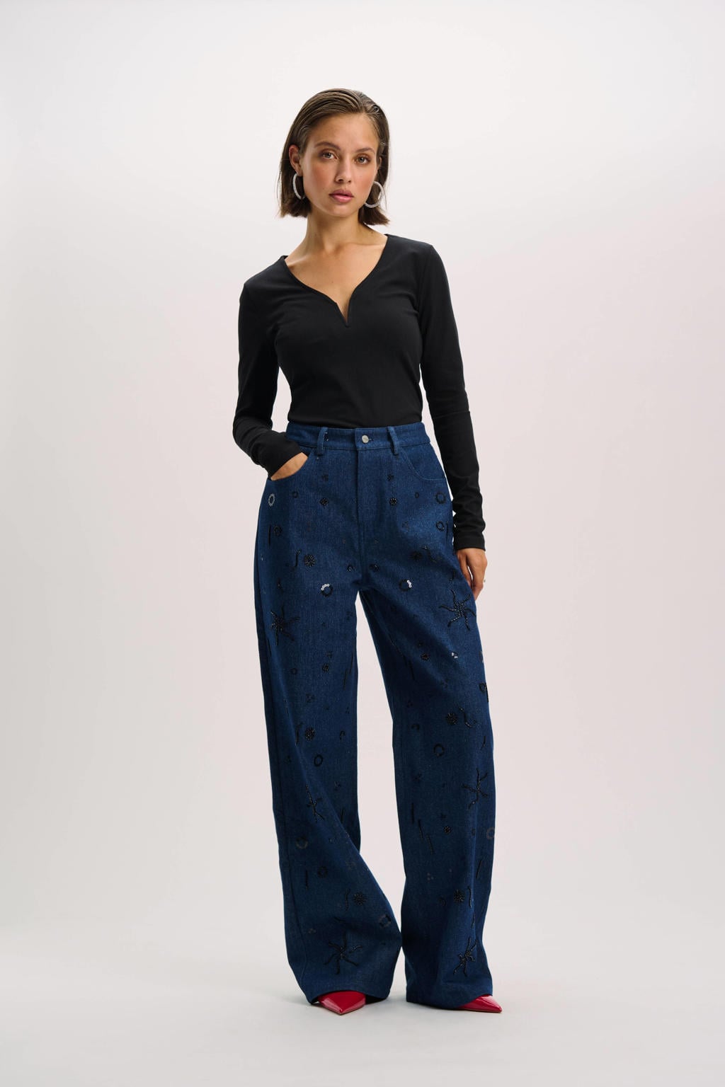 Dark blue denim dames Refined Department X Vedder & Vedder wide leg jeans dark blue van denim met rits- en knoopsluiting en effen