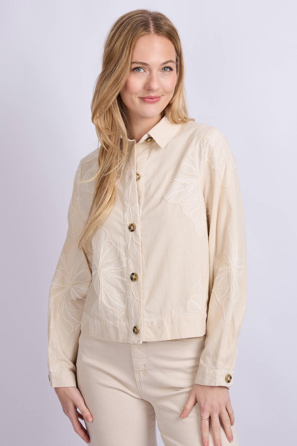 Beige dames CS the Label jasje met bloemenprint, lange mouwen, klassieke kraag, knoopsluiting en borduursels