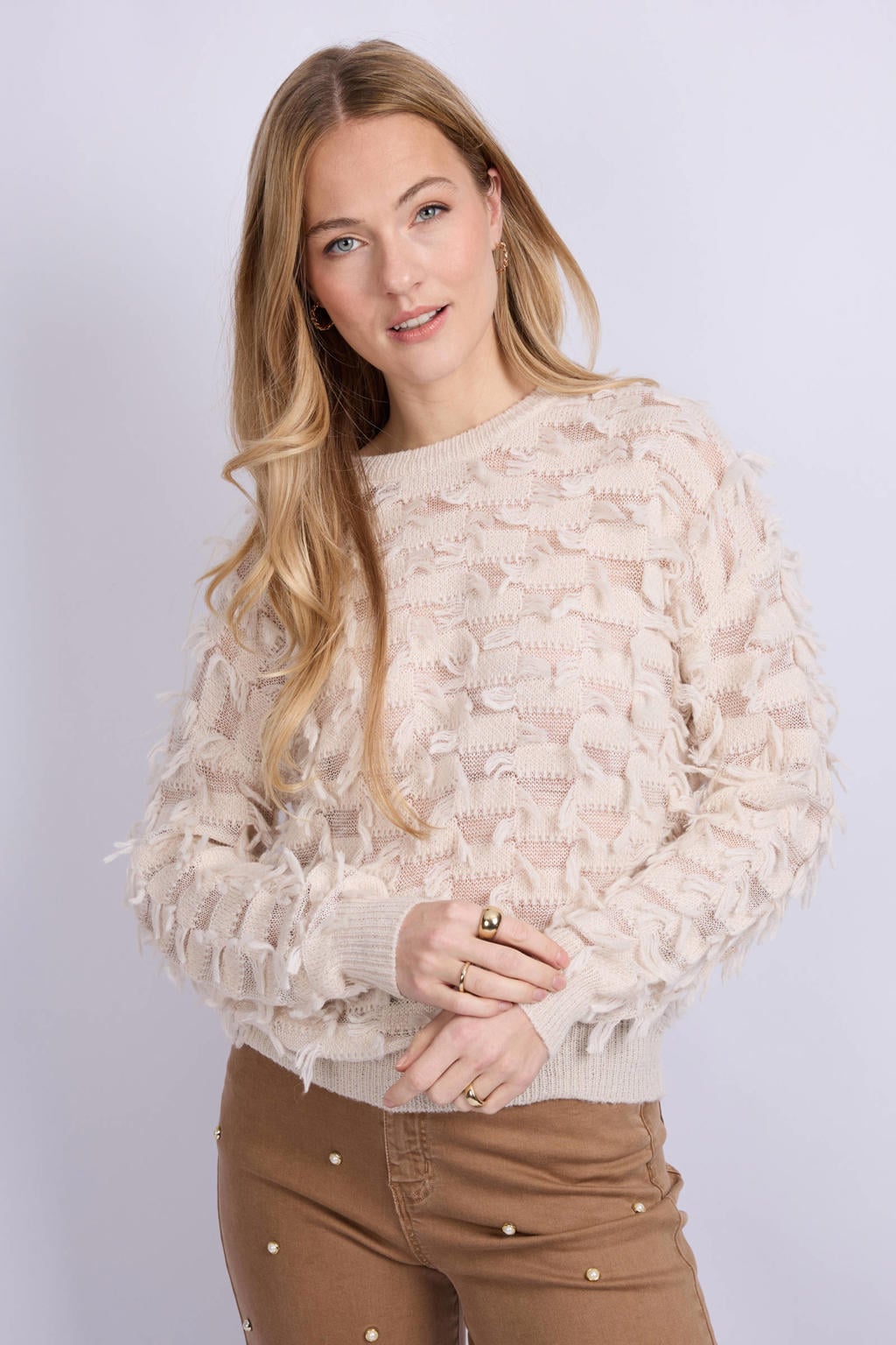 Ecru dames CS the Label trui van viscose met effen, lange mouwen, ronde hals en rafels