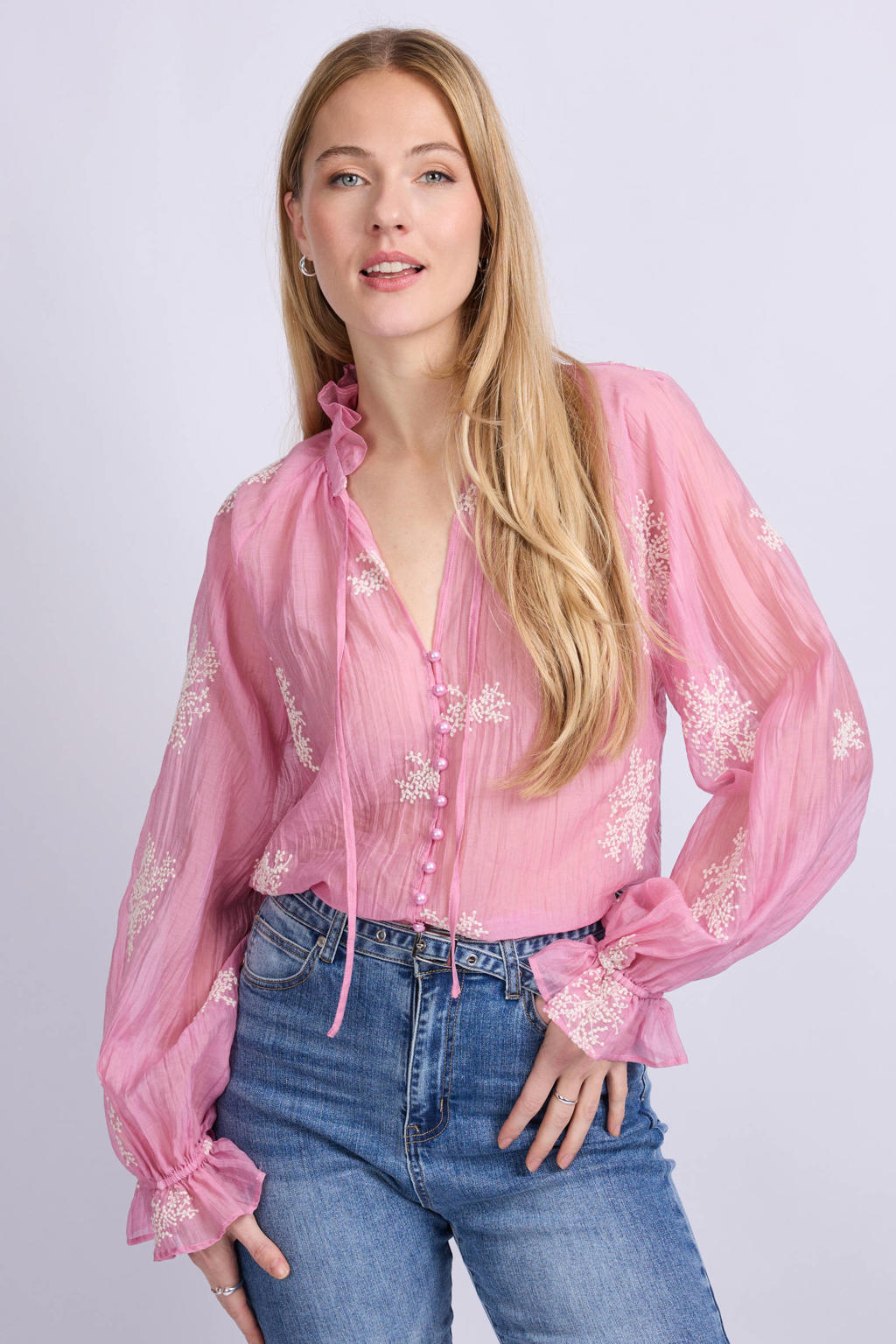 Roze dames CS the Label blouse met lange mouwen, opstaande kraag, knoopsluiting en borduursels