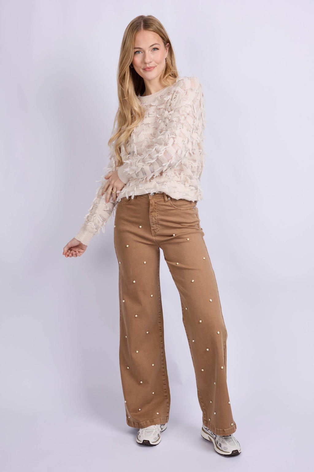 Bruine dames CS the Label broek van denim met high waist, rits- en knoopsluiting en effen