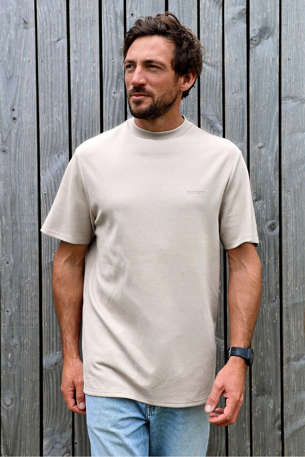 Beige heren Kultivate regular T-shirt met effen, korte mouwen en ronde hals