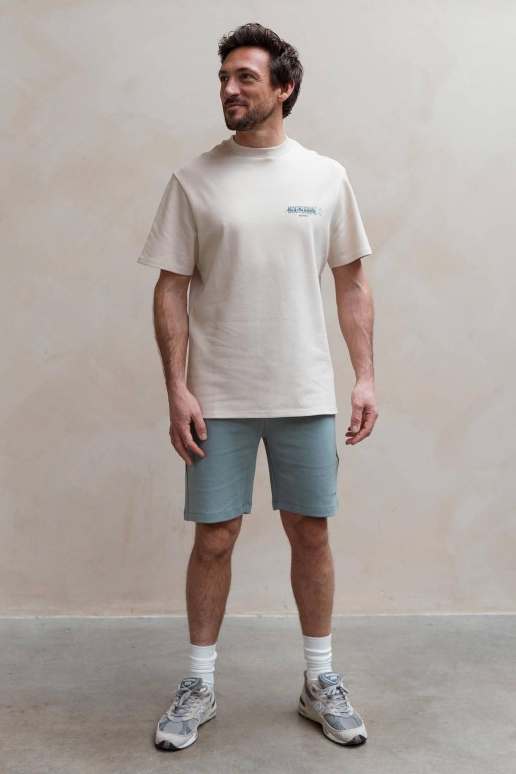 Beige heren Kultivate regular T-shirt met backprint, korte mouwen, ronde hals en borduursels