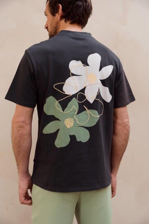 relaxed gebloemd T-shirt met backprint antraciet