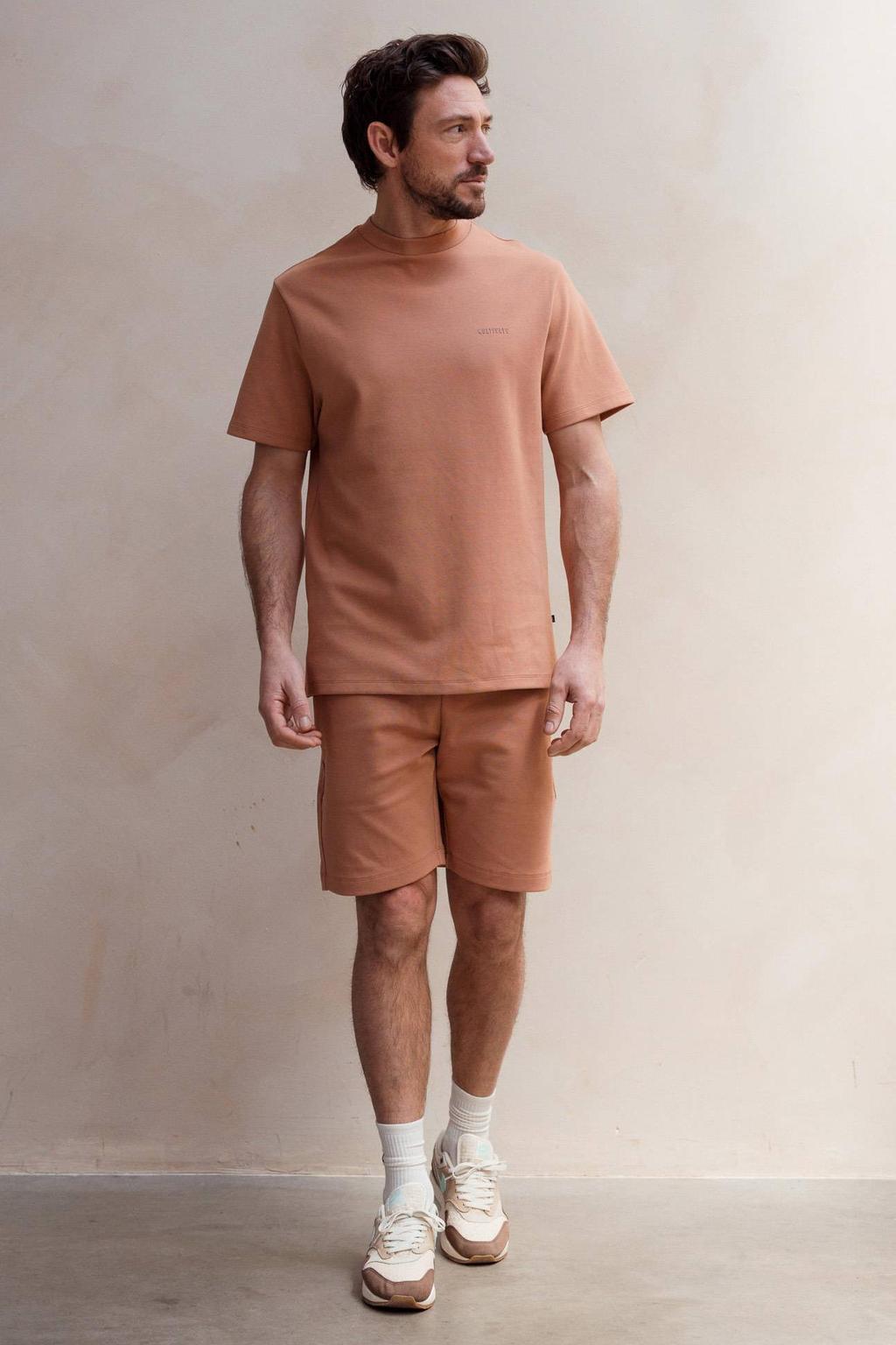 Terracottakleurige heren Kultivate regular T-shirt met effen, korte mouwen en ronde hals