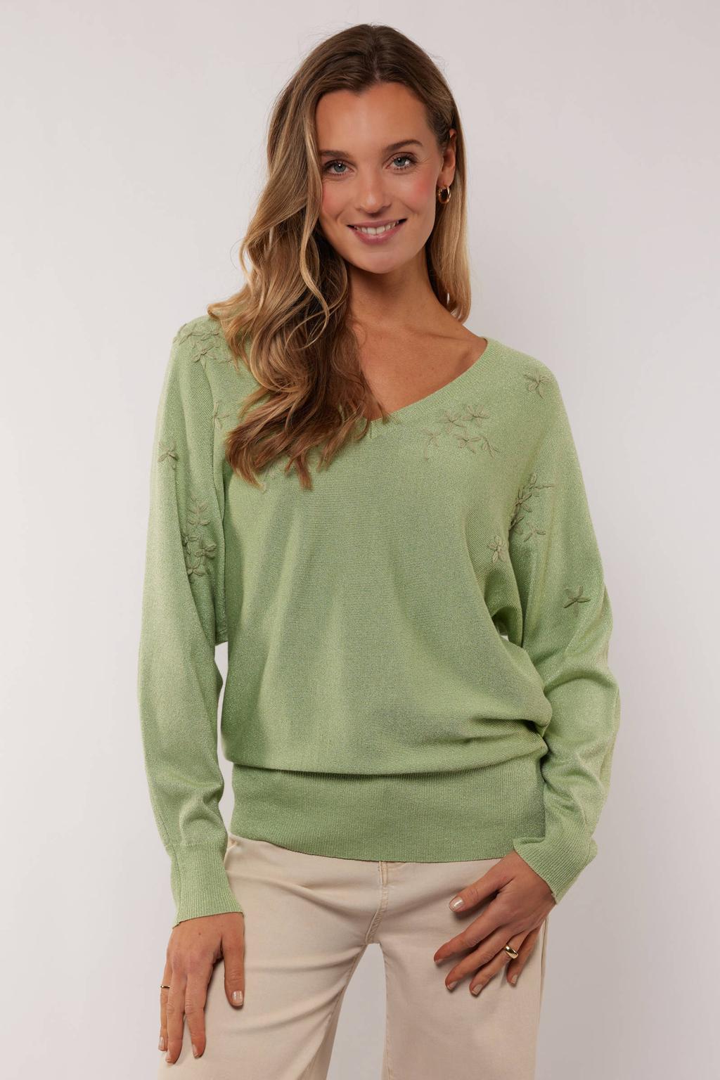 Groene dames G-maxx gebreide trui van viscose met effen, lange mouwen, V-hals en borduursels