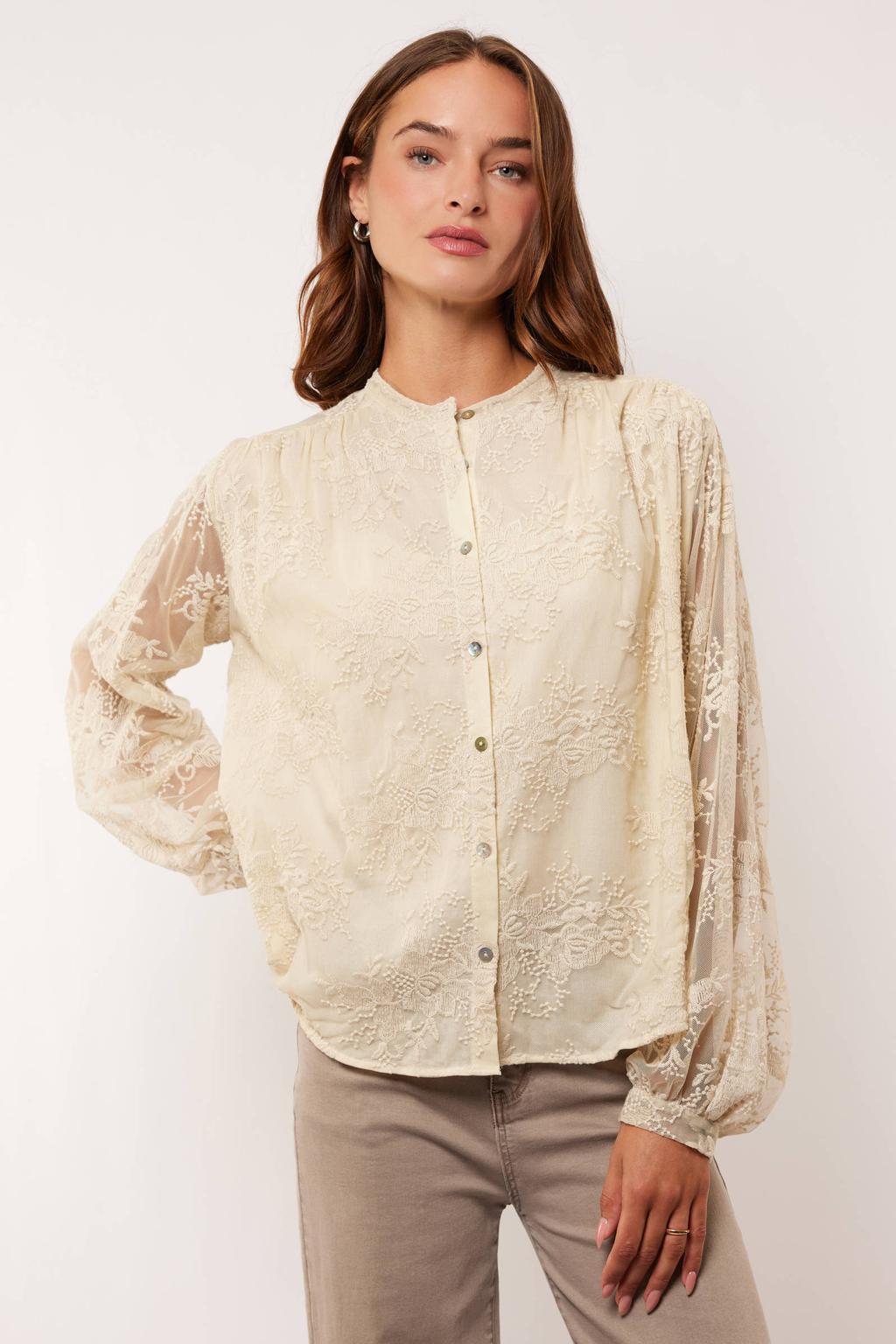 Zandkleurige dames G-maxx X Froukje blouse van katoen met effen, lange mouwen, ronde hals, knoopsluiting en borduursels