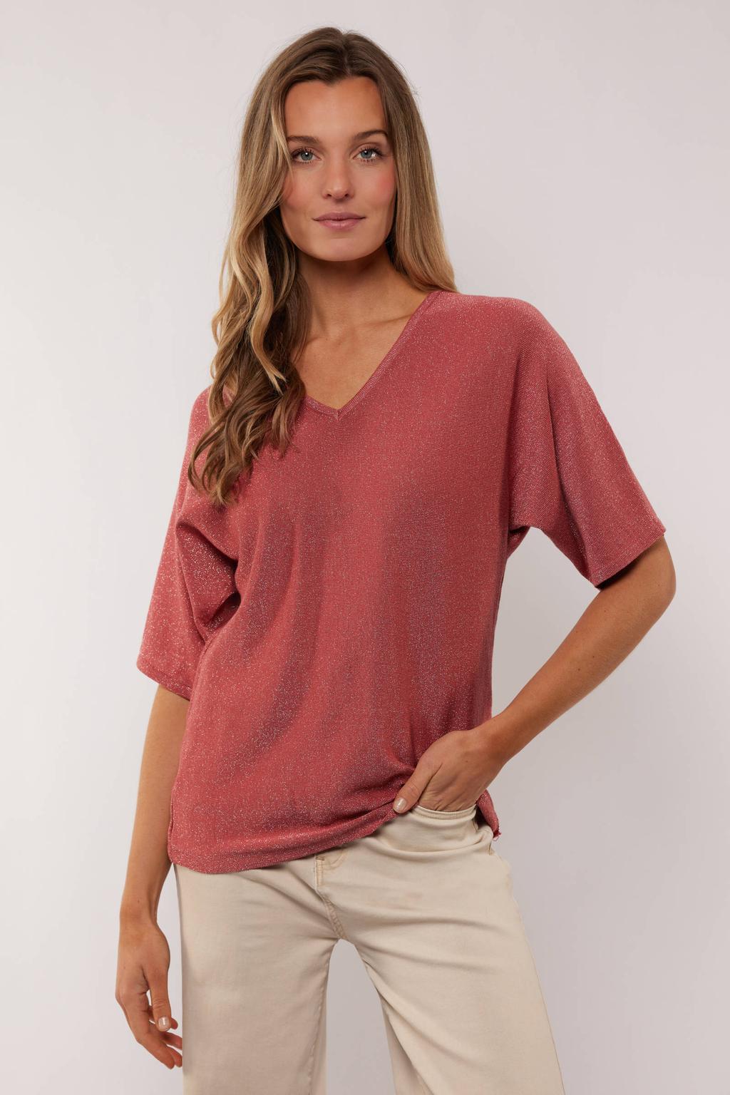 Roze dames G-maxx top van viscose met effen, half lange mouwen, V-hals en glitters