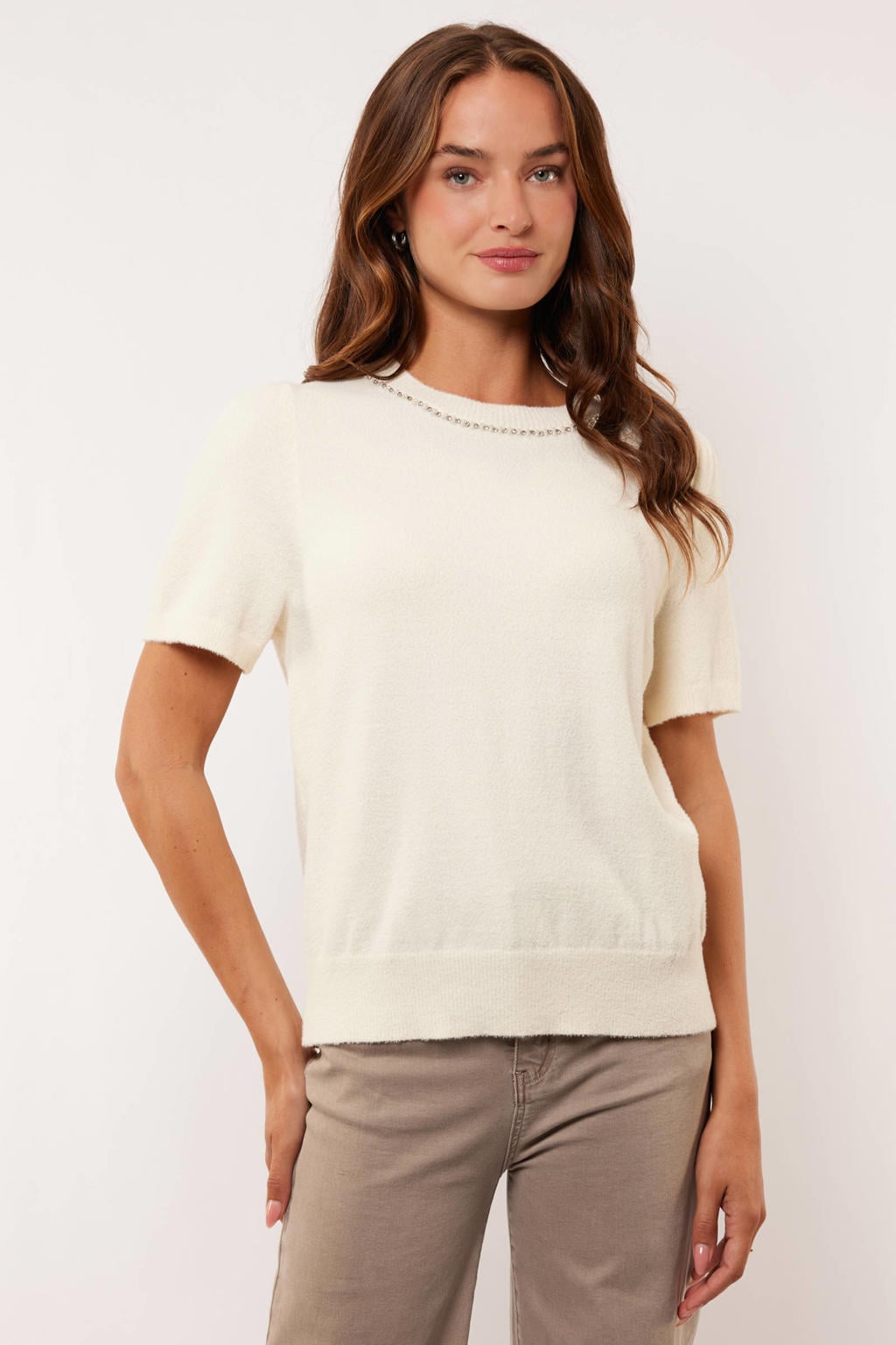 Witte dames G-maxx top van polyamide met effen, korte mouwen, ronde hals en strass steentjes