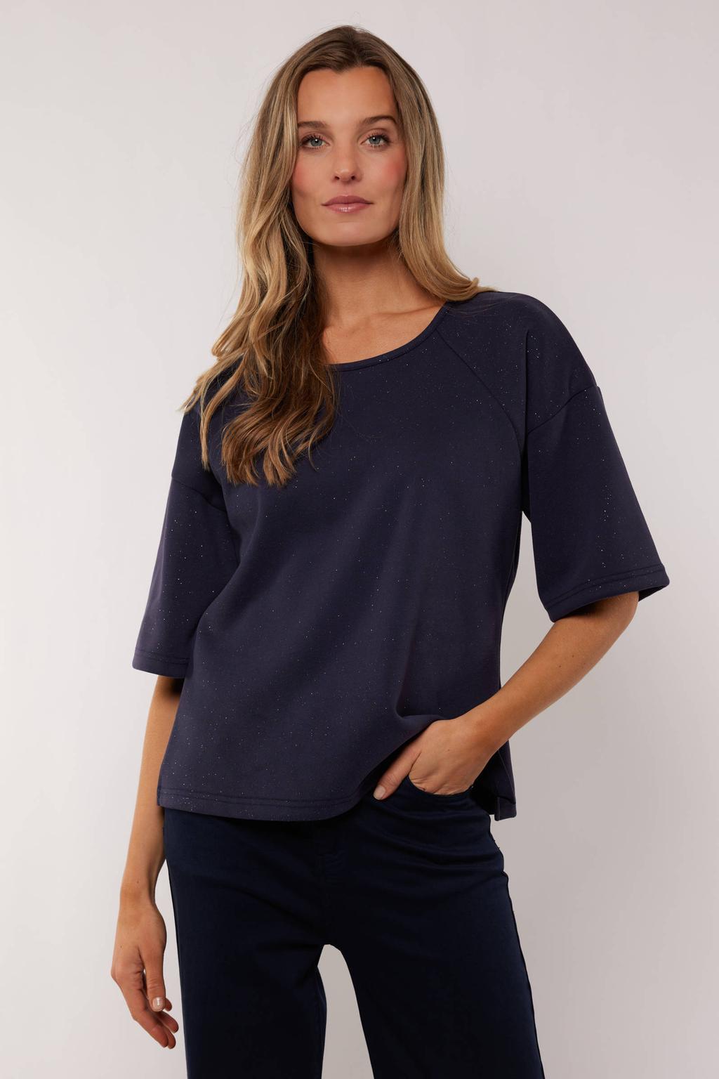 Donkerblauwe dames G-maxx top met effen, half lange mouwen en ronde hals