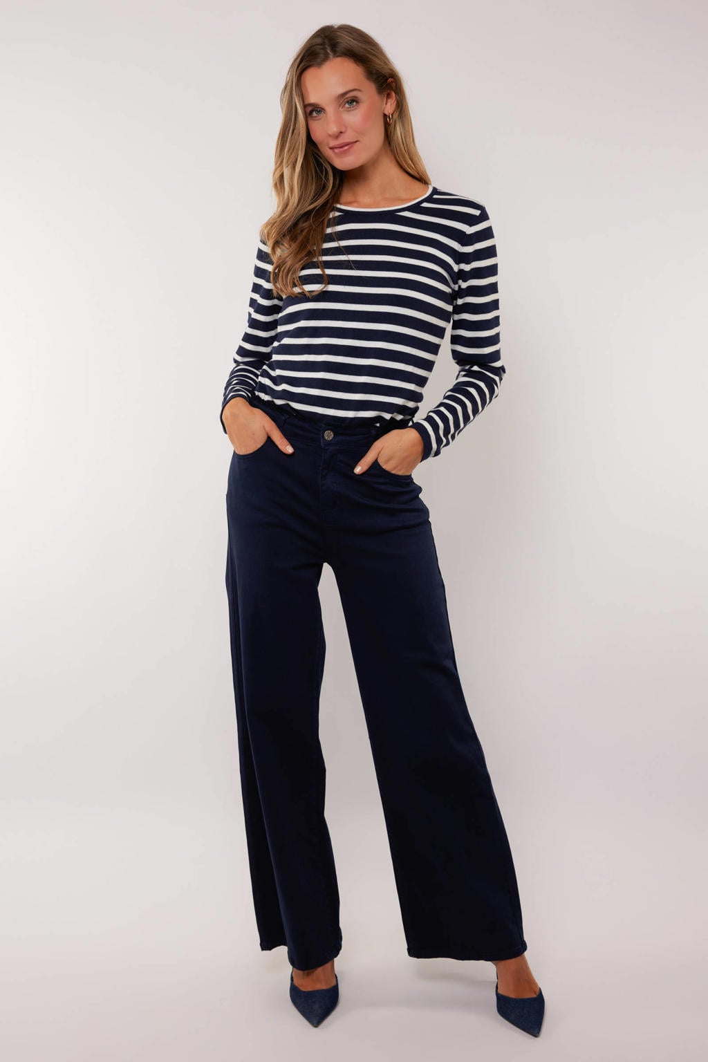 Donkerblauwe dames G-maxx wide leg jeans van katoen met rits- en knoopsluiting en effen