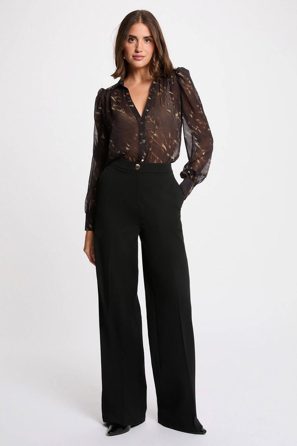 Multikleurige dames Morgan blouse van polyester met lange mouwen, V-hals, knoopsluiting en semi-transparante details