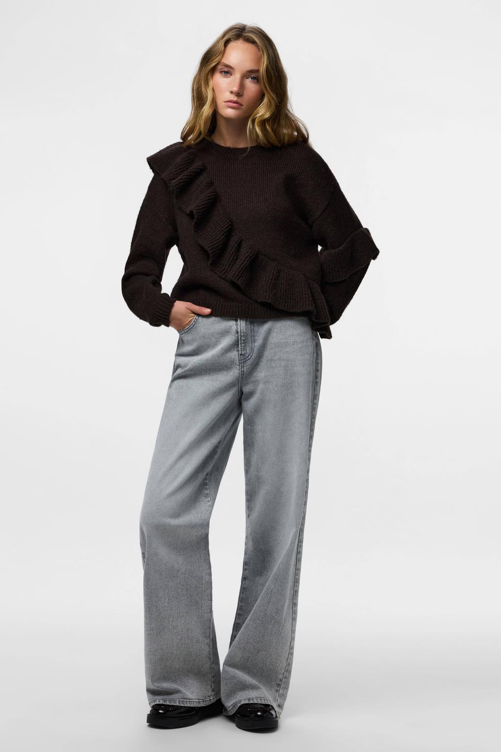 Donkerblauwe dames PIECES trui gebreid van polyester met effen, lange mouwen en ronde hals
