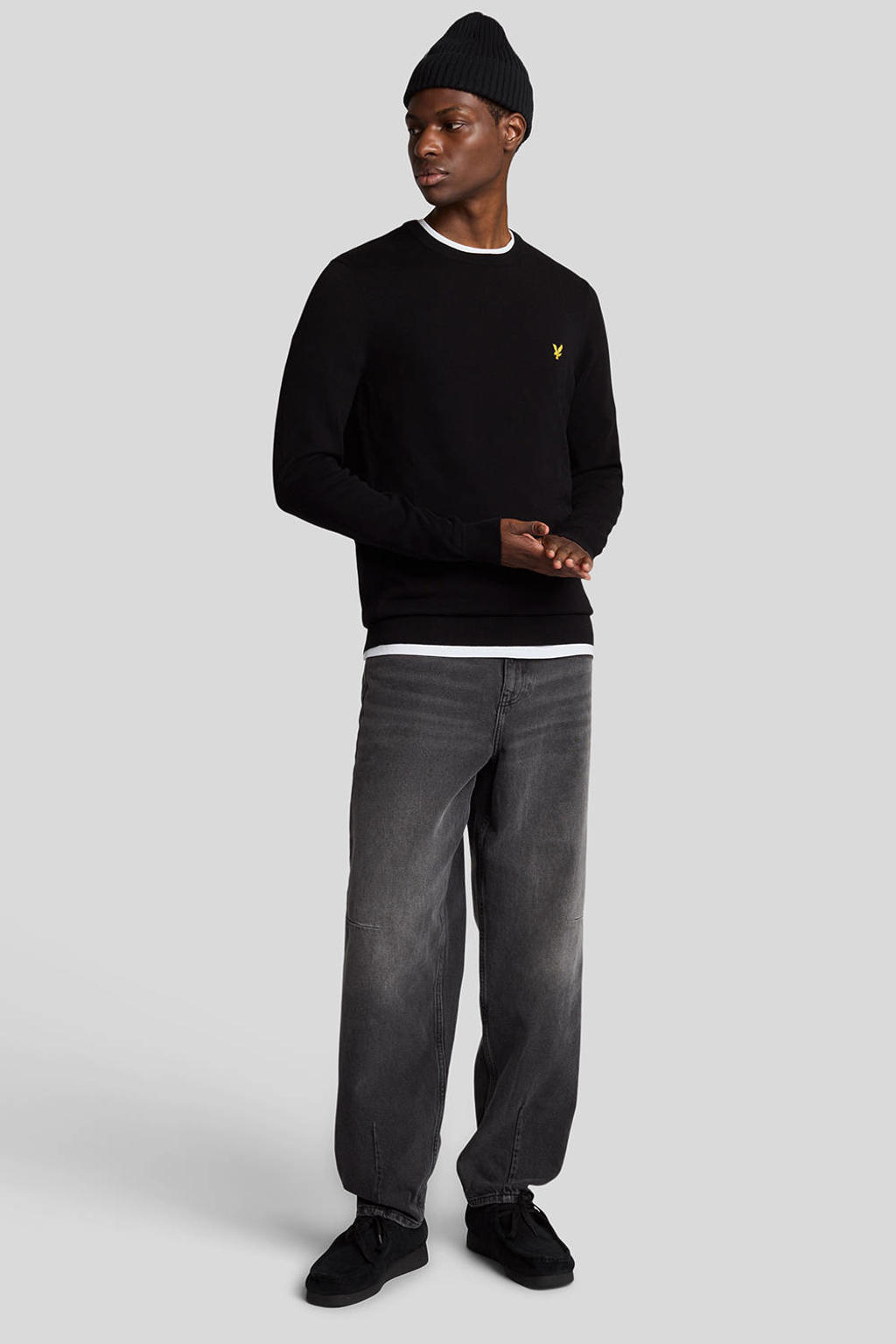 Zwarte heren Lyle & Scott gebreide trui van katoen met effen, lange mouwen en ronde hals