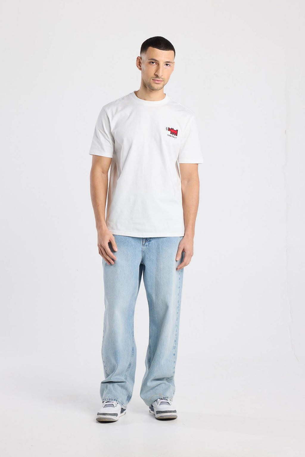 Witte heren America Today regular T-shirt van katoen met backprint, korte mouwen, ronde hals en borduursels