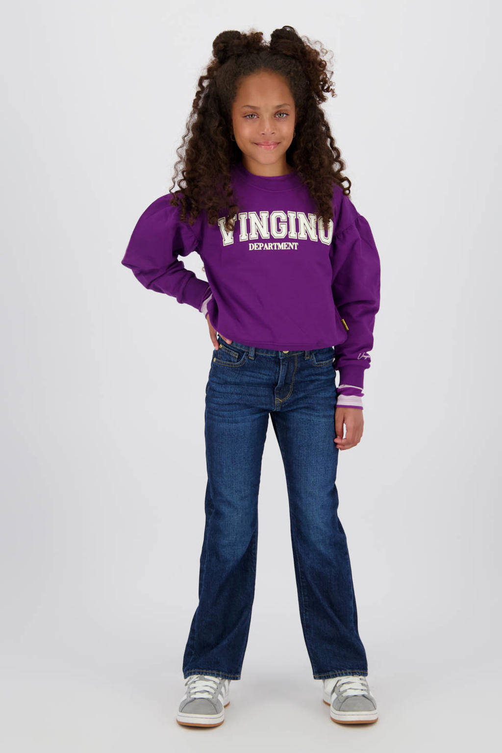 Dark blue denim meisjes Vingino flared flared jeans dark blue van denim met rits- en knoopsluiting en effen