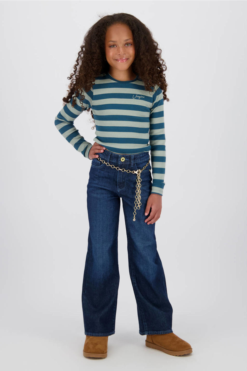 Dark blue denim meisjes Vingino wide leg wide leg jeans dark blue van denim met rits- en knoopsluiting en effen