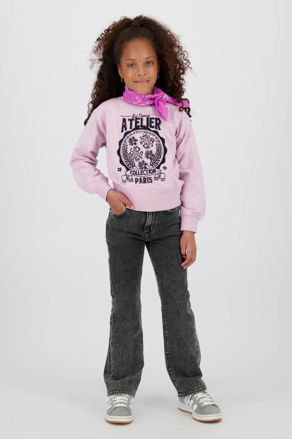 Grey denim meisjes Vingino wide leg wide leg jeans van denim met rits- en knoopsluiting en effen